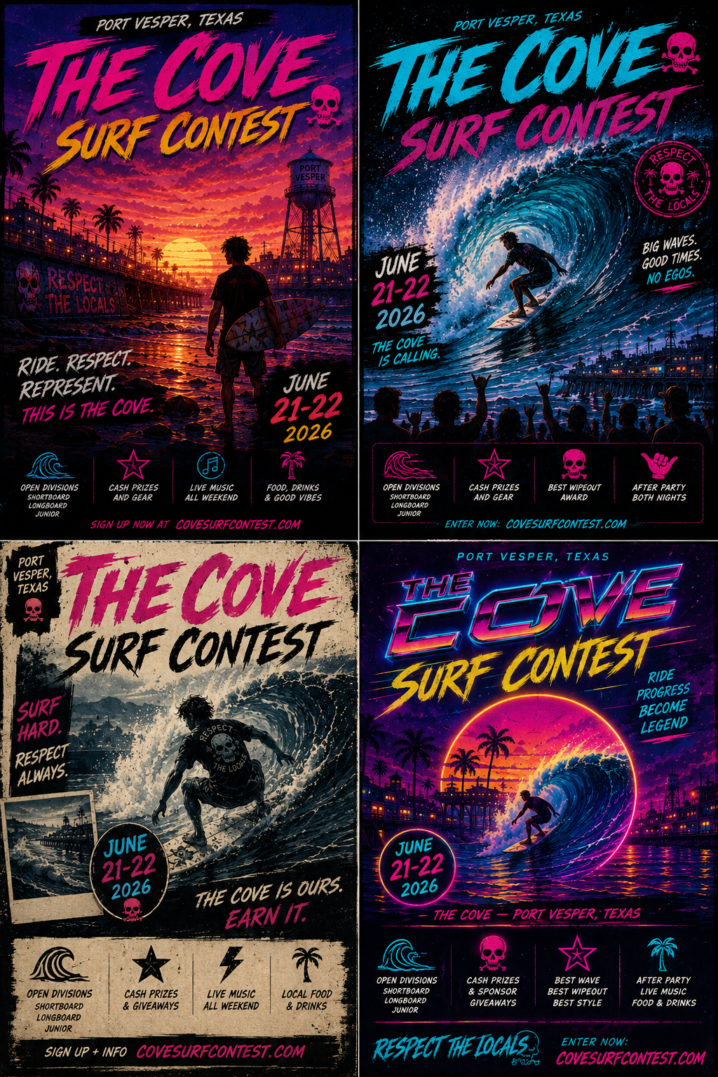 The Cove surf contest poster concepts in Port Vesper, Texas